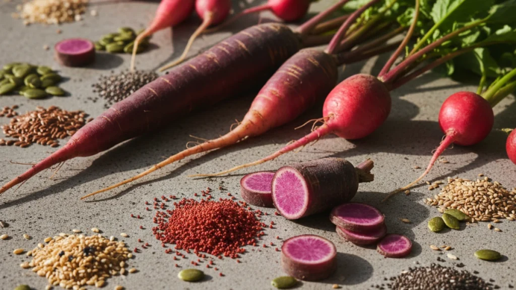 High-detail macro photography of 30 diverse plant types, including heirloom carrots and amaranth, on a minimalist surface