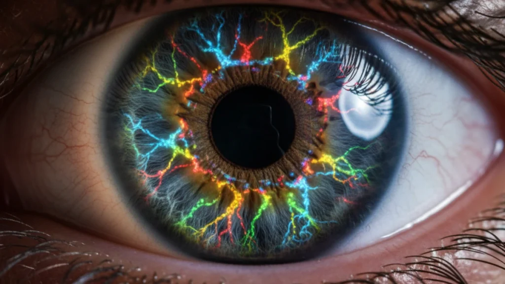 Professional macro photography of a human eye with a microscopic, colorful bacterial network reflected in the iris, representing the internal ecosystem