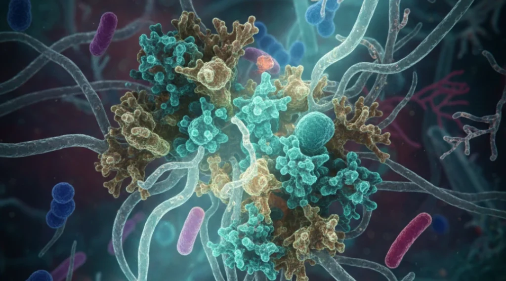 Fixing Gut Health.Microscopic view of glowing teal and gold bacterial clusters (CAG-170) within a protective mucus environment to
