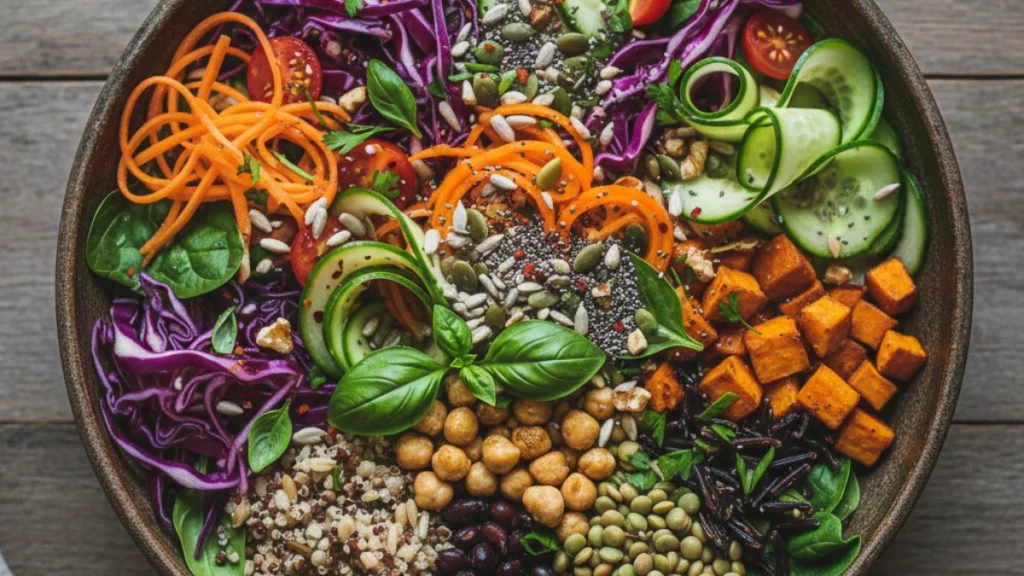Top-down photography of a colorful harvest bowl featuring 30 different types of seeds, grains, and vegetables to support microbial diversity