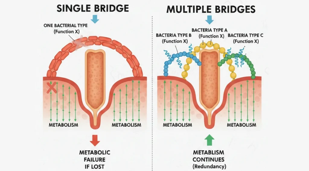 Infographic comparing a single broken bridge to a network of many golden bridges representing gut resilience