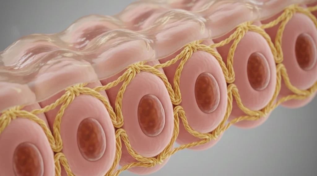 Medical illustration of intestinal cells held tightly together by protein junctions under a clear mucus layer