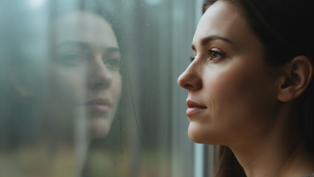 A person looking thoughtfully out of a large window at a misty forest, soft lighting, symbolizing the bidirectional communication between the gut and the brain