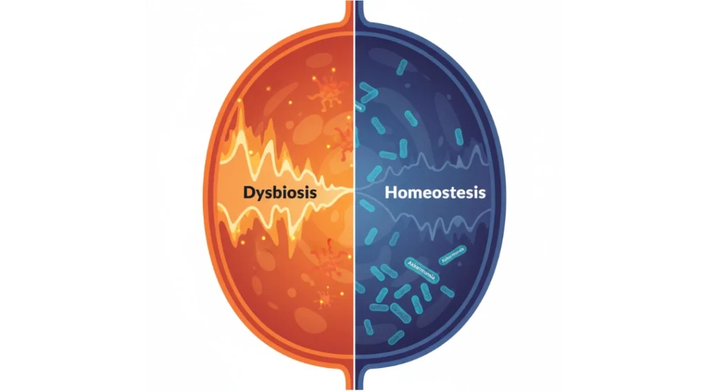Scientific diagram showing the transition from an orange oxygen-rich zone to a deep blue oxygen-poor zone in the gut