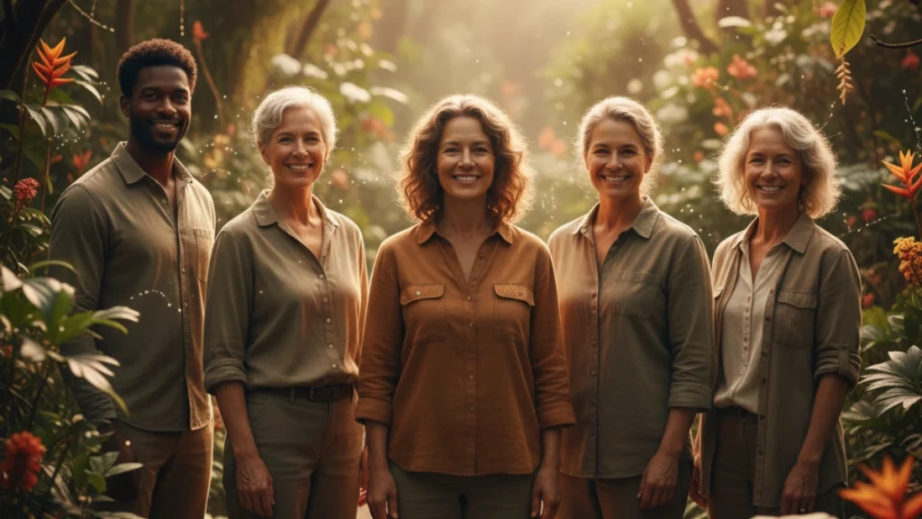 A diverse group of healthy individuals in a sun-drenched botanical garden, symbolizing the biological concept of the holobiont and environmental connectivity