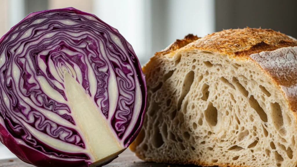 Close-up professional photography of purple cabbage and sourdough textures, highlighting the natural patterns of fermentation and organic beauty