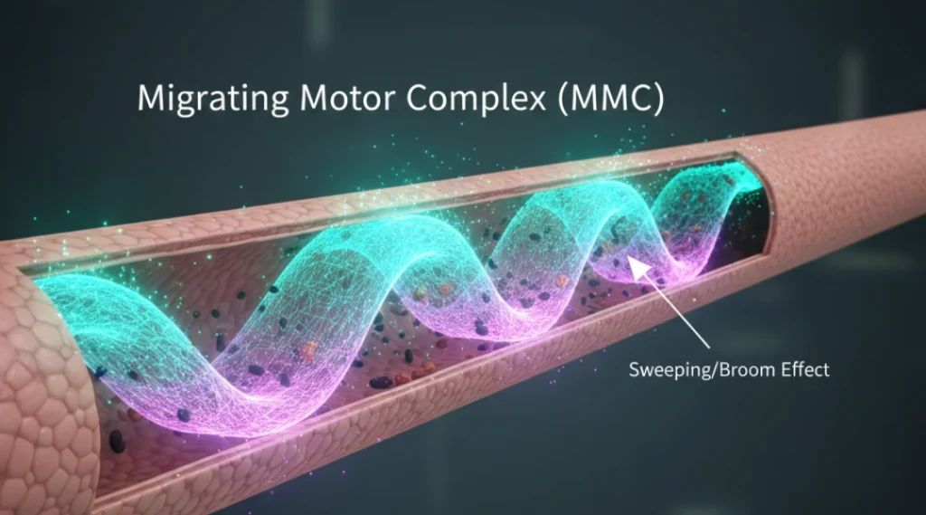 Diagram of a glowing waves of movement through the digestive tract representing the Migrating Motor Complex "broom" effect