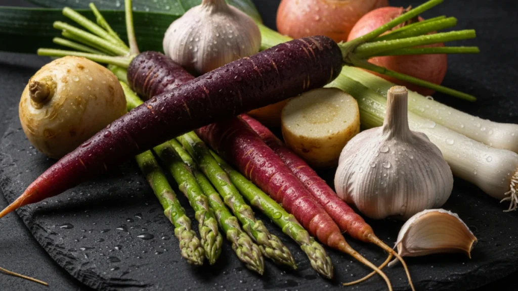 High-end studio photography of vibrant raw vegetables including garlic, leeks, and asparagus on a dark slate surface, highlighting prebiotic-rich foods
