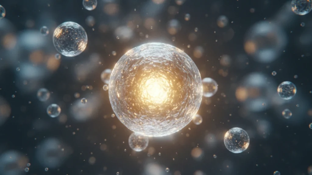 Macro photography of a glowing microencapsulation bead suspended in clinical fluid, representing 2026 probiotic delivery technology