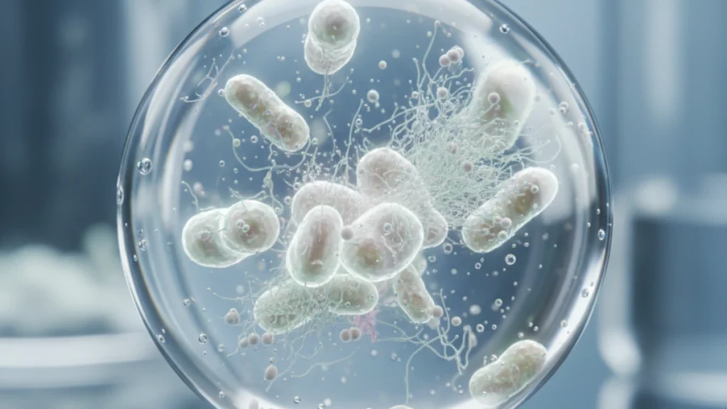 Ultra-realistic macro shot of a drop of kefir showing complex translucent structures, representing probiotic microorganisms for digestive health